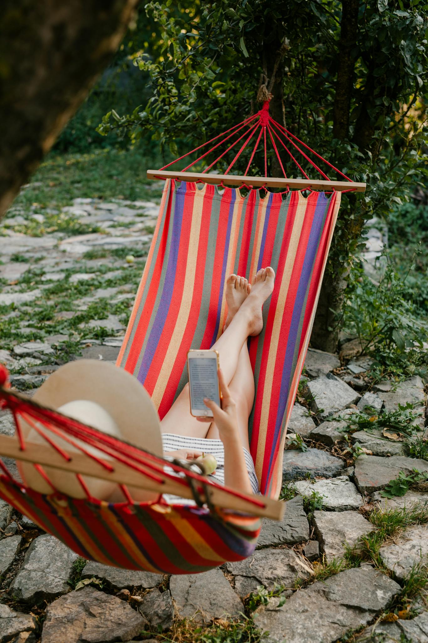 From above full body of anonymous barefoot female lying in hammock and using mobile phone in green garden